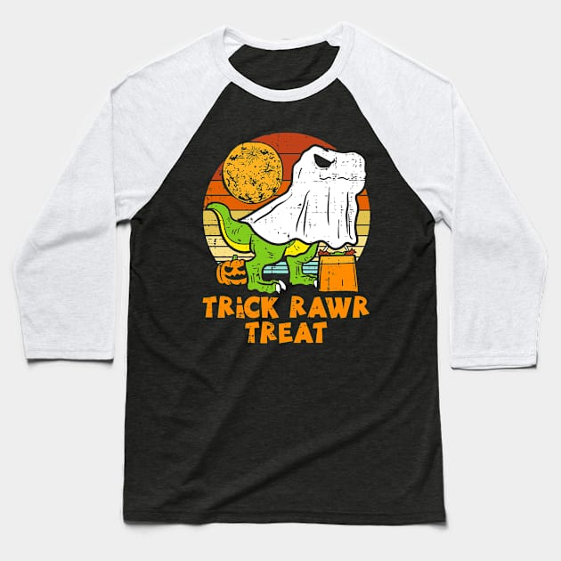 Trick Rawr Treat Dino Ghost T-rex Halloween Baseball T-Shirt by Teewyld